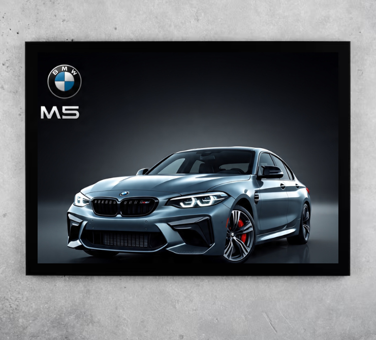 BMW M5 car on a dark background with BMW logo