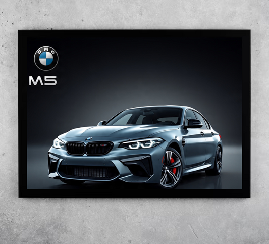 BMW M5 car on a dark background with BMW logo
