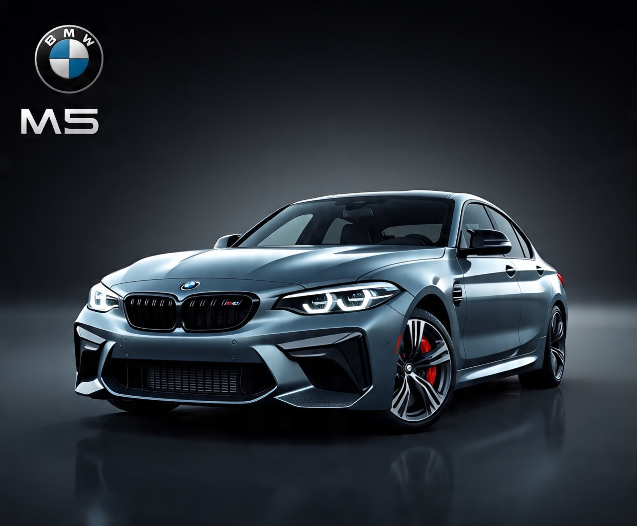 BMW M5 car on a dark background with BMW logo and text.